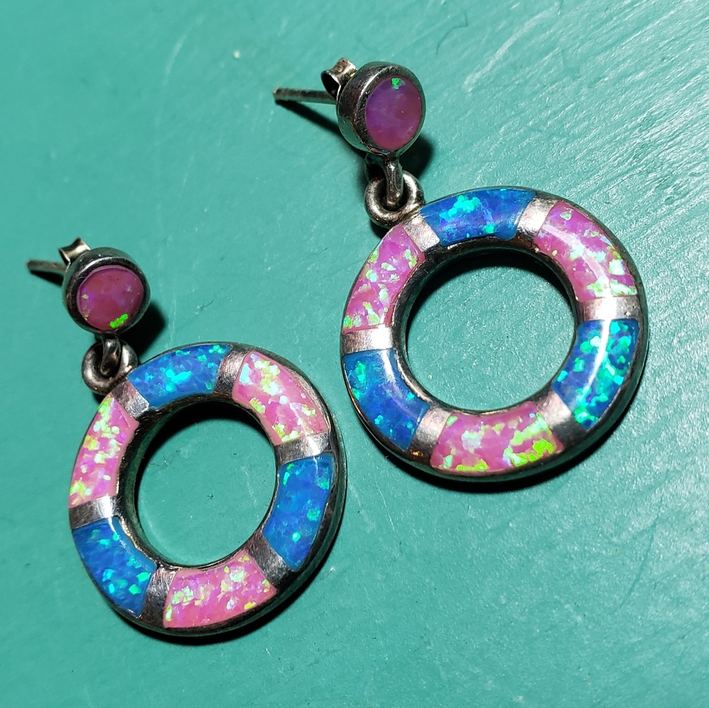 Pink and Blue Opal Earrings